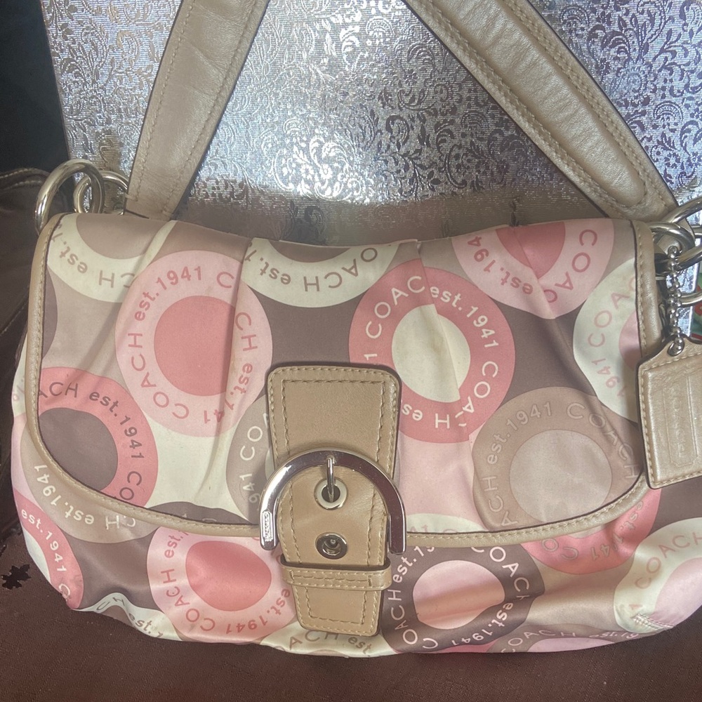 Coach Pink and Tan Signature Shoulder Bag